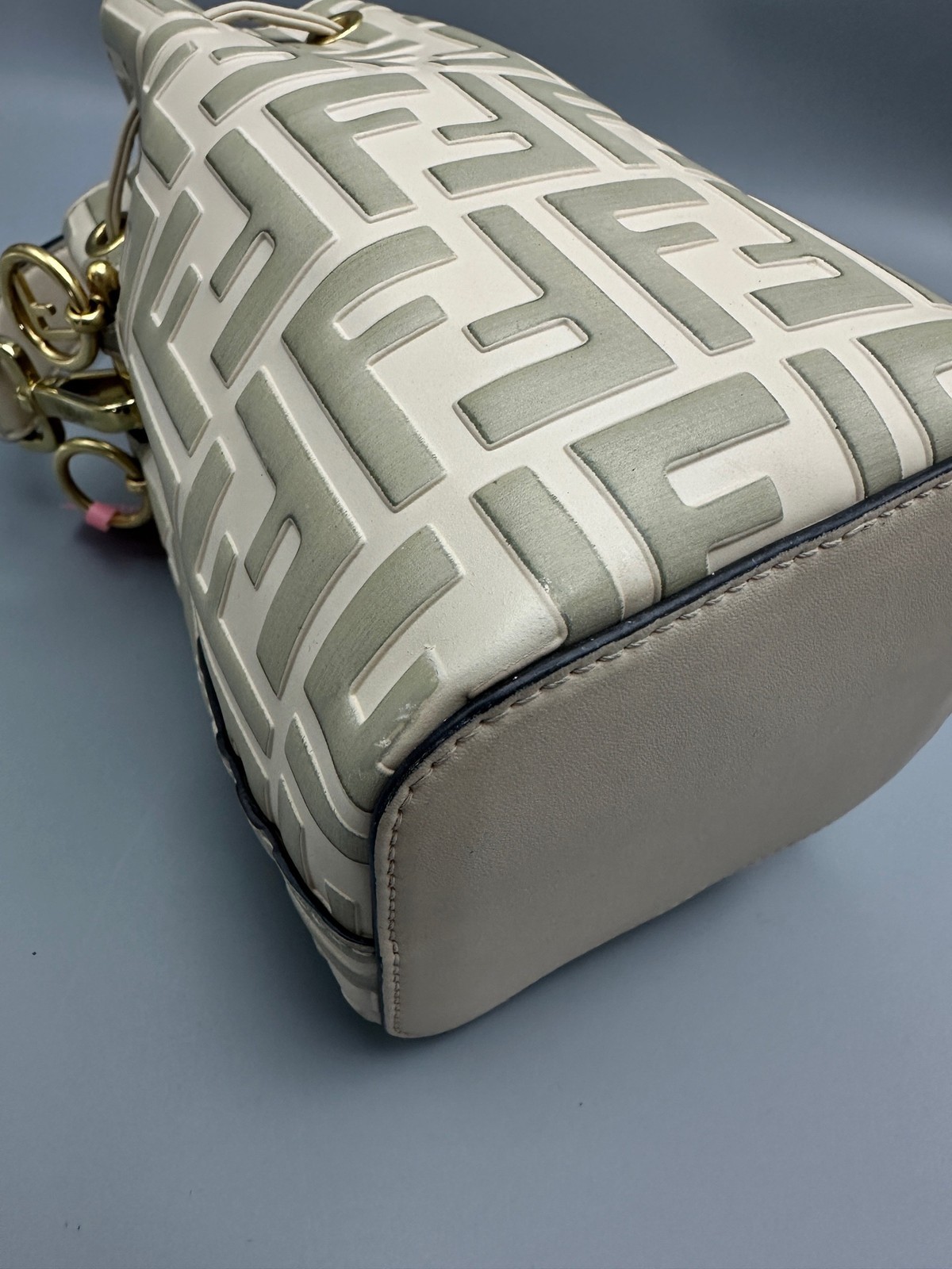 FENDI Mon Tresor Bucket Crossbody Bag FF Mini Off-white Embossed Leather Gold HW