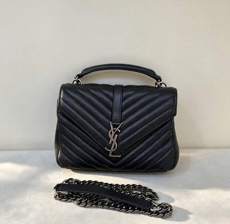 Saint Laurent College Medium Flap Bag Black Leather SHW Chain Crossbody Auth
