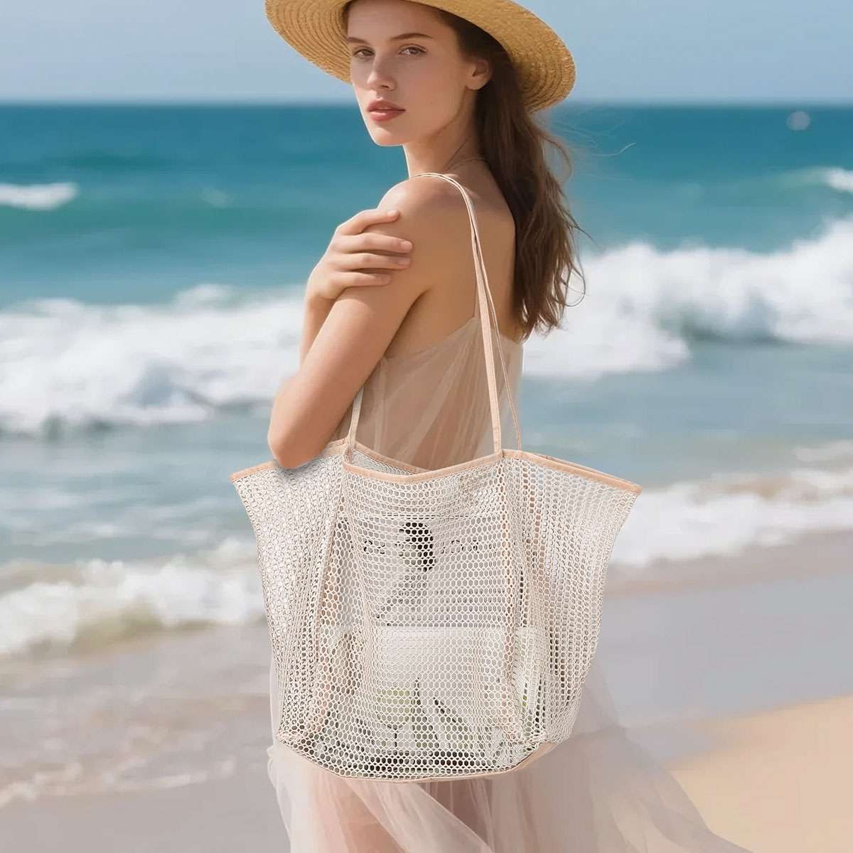 Summer Mesh Tote Bag, Lightweight Shoulder Bag for Beach Travel Pool & Gym