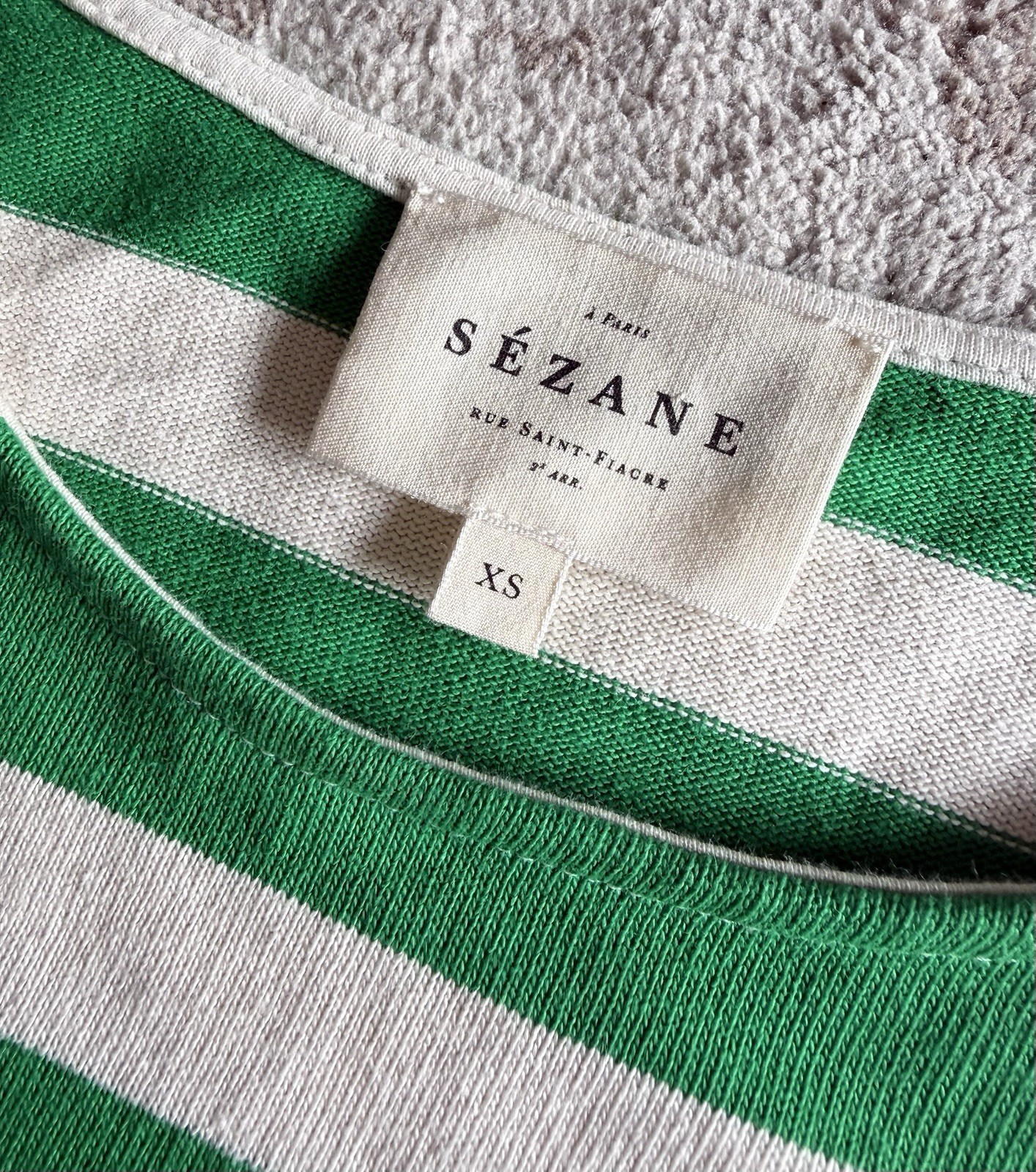 Sézane Colette Marinière Striped Top Ecru Bright Green 100% Cotton Size XS