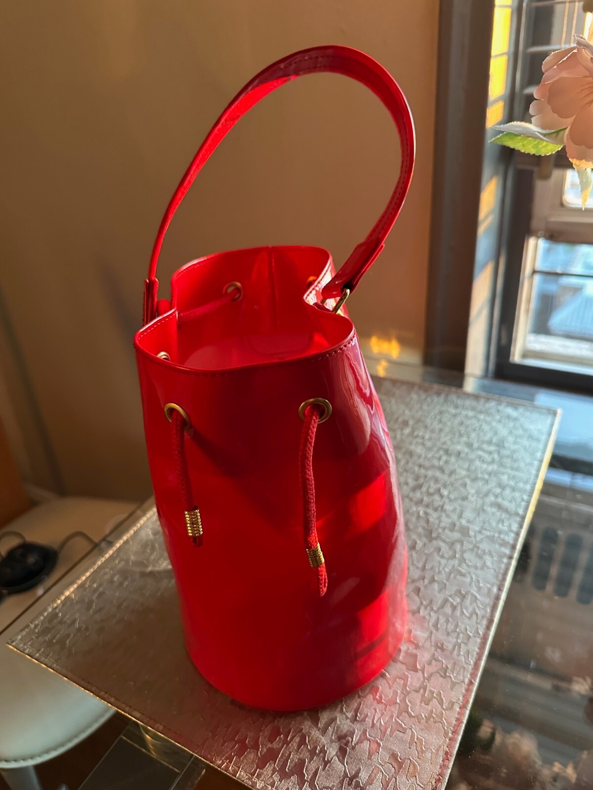 PRE-OWNED MOSCHINO BUCKET HANDBAG MADE IN ITALY BY REDWALL COLOR RED PVC PATENT