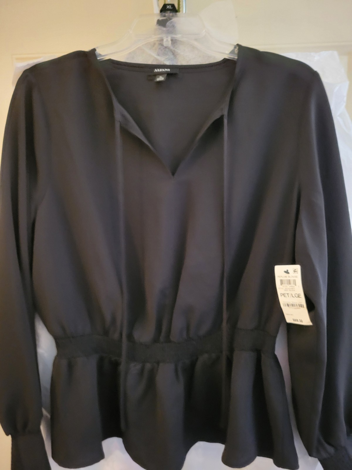 Alfani Women’s Black Chiffon V-Neck Ruffle Peplum Pullover Blouse Petites P/L