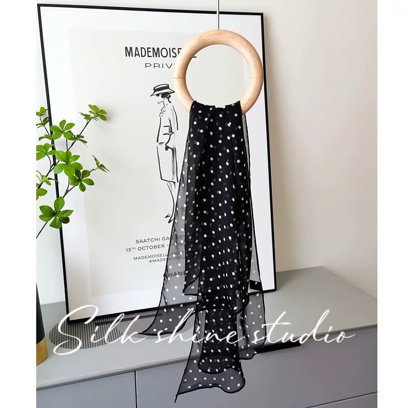 Chic Black & White Polka Dot 100% Silk Scarf -Lightweight 63″x12″ Oblong Summer