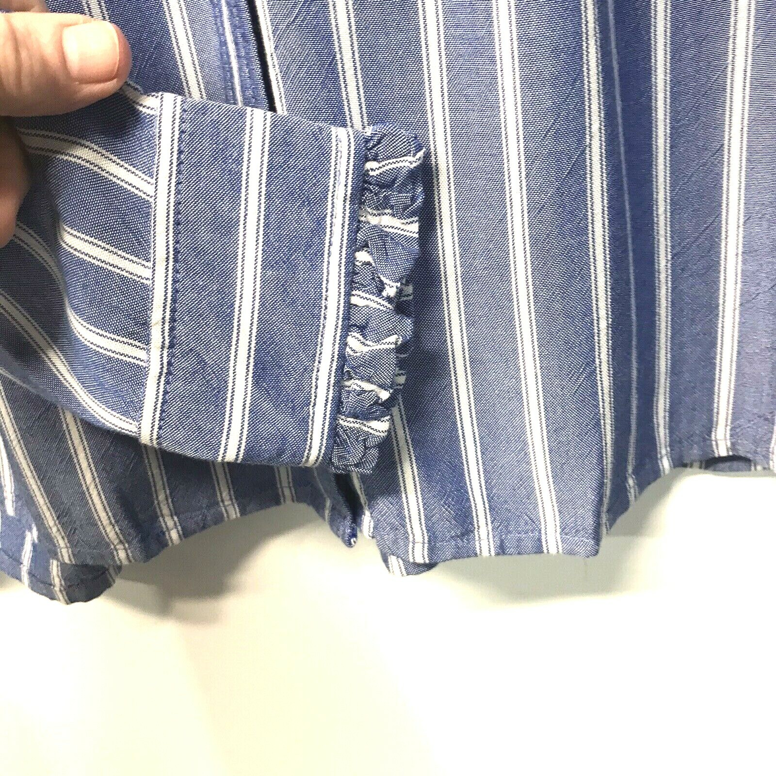 Loft Preppy Shirt Blouse Blue Striped Ruffle Trim Silky Rayon NEW XXS-XXL
