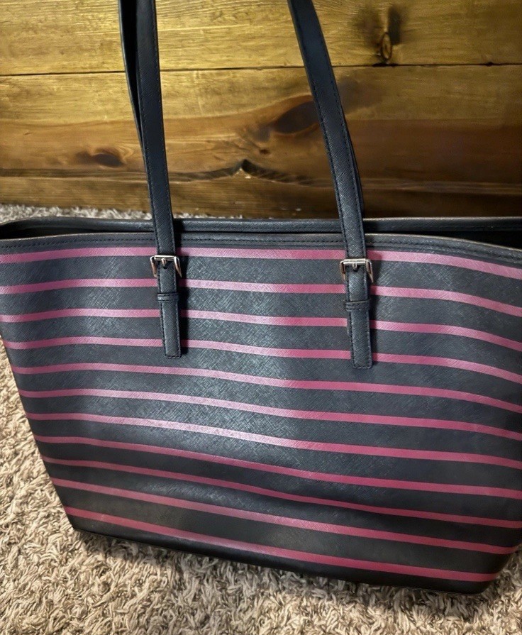 Michael Kors Travel Saffiano Leather Black Pink Stripe Tote