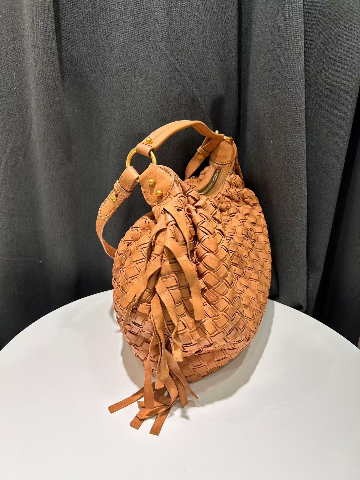 Miu Miu Handbag Woven Tassel Caramel Brown Lambskin Leather Italy