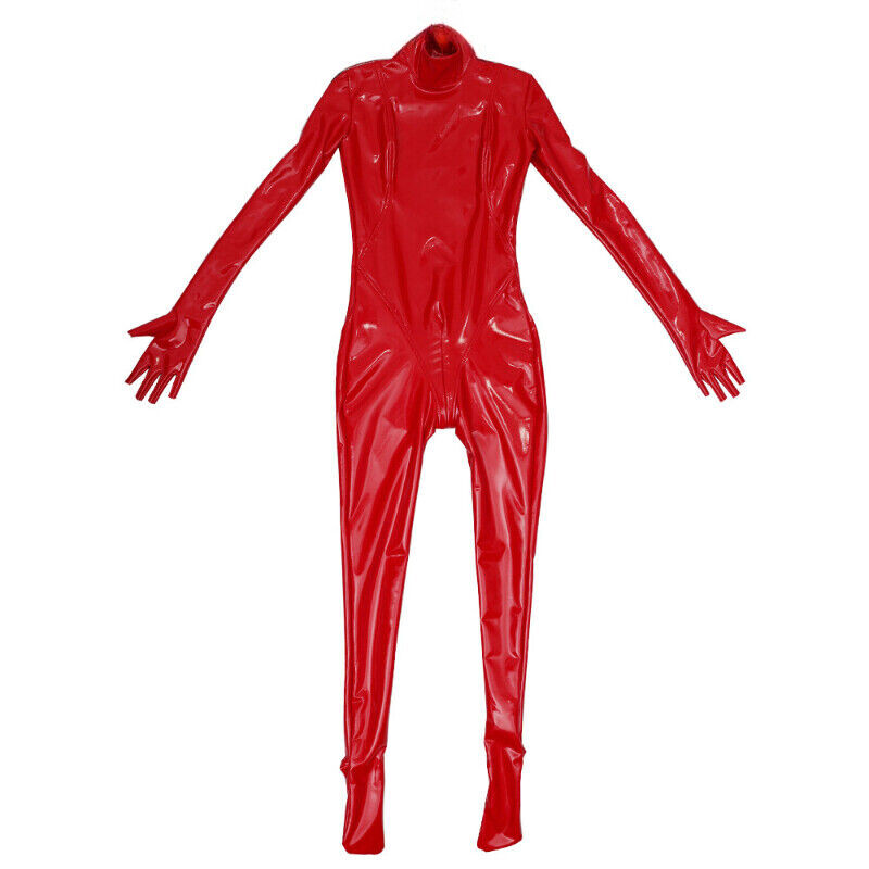 Lady Faux Latex Patent Leather Slim Bodysuit Catsuit Full Body Costume Bodysuit
