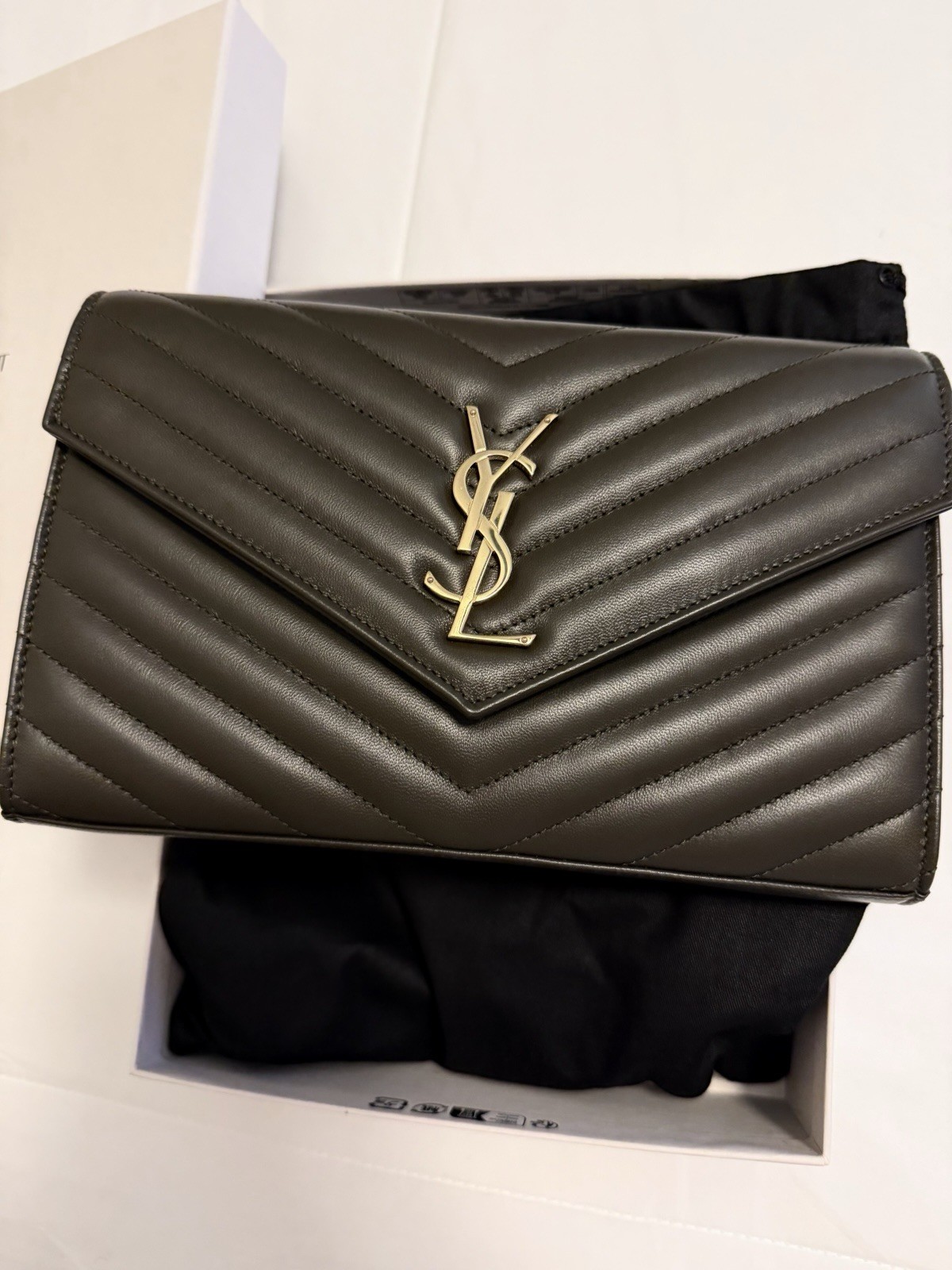 YSL Monogram Envelope Chevron Quilted Chain Wallet Crossbody Dark Green