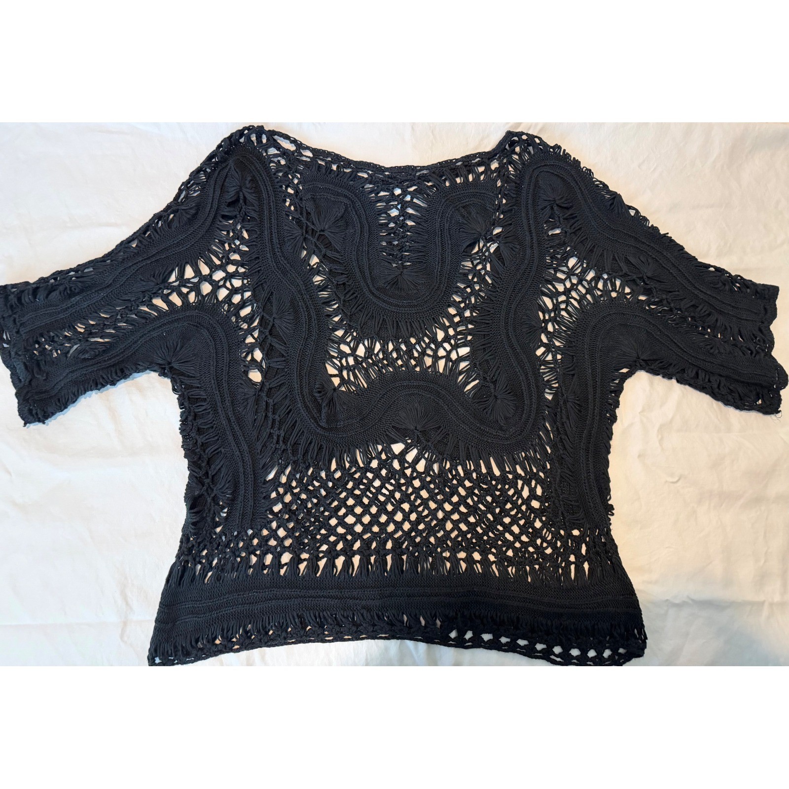 Boho Black Crochet Knit Short Sleeve Top Open Weave Mesh Swirl Pattern