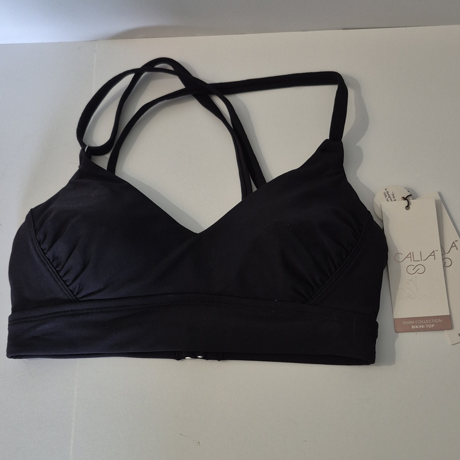 CALIA Strappy Back Ruched Bikini Top Black XS Removable Pads UV Protection
