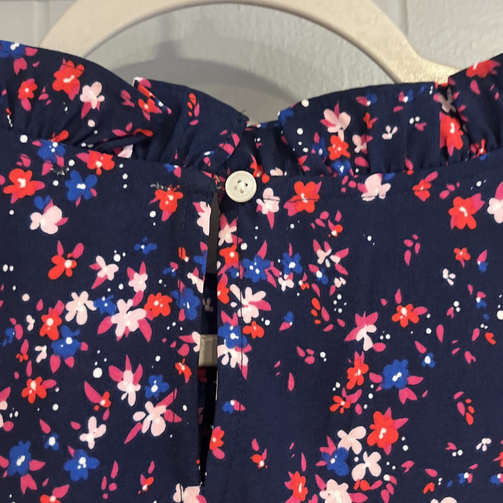 J Crew XXL Blue Floral High Ruffle Neck Long sleeve Blouse Top Shirt Women’s