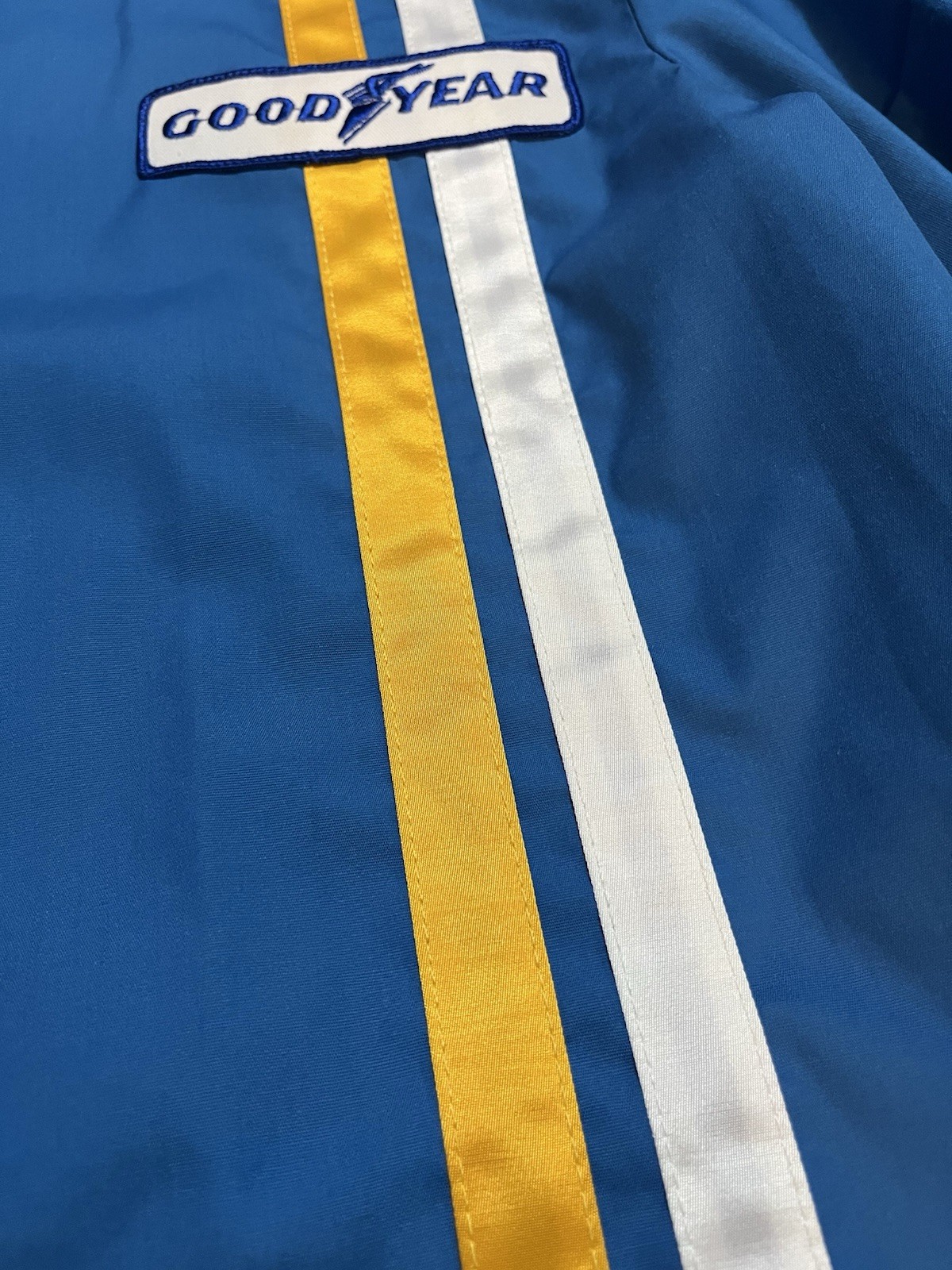 Vintage Goodyear Tires Racing Jacket Size Large USA Made Blue Stripes NOS Indy