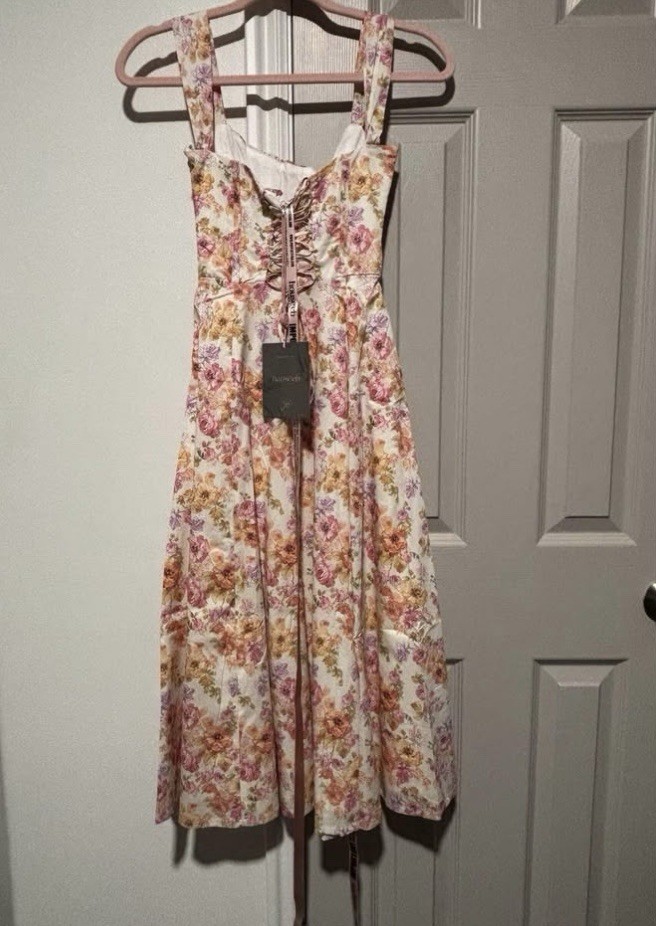 HOUSE OF CB Saira XS Floral Midi A-Line Dress Square Neck Lace-Up Back Slit