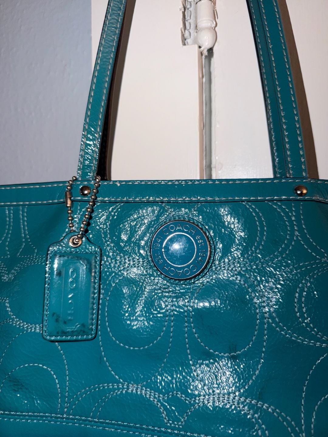 Coach Signature Gallery Stitched Patent Leather Tote Bag Teal F19198