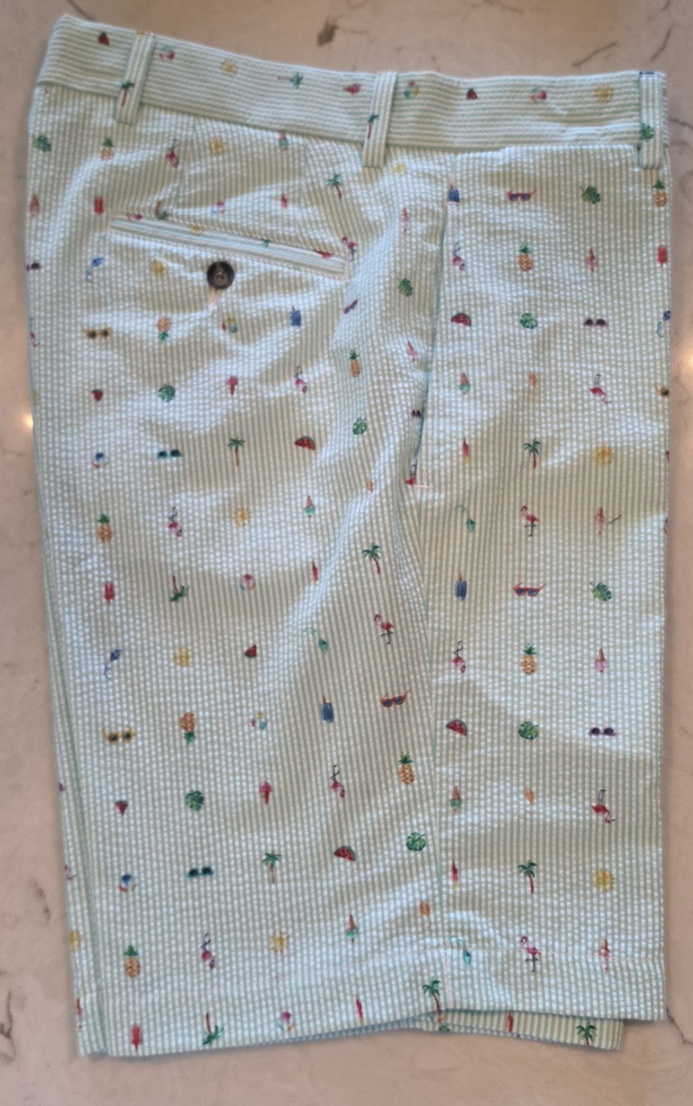 Haspel Seersucker Shorts Mens 34 Green White Striped Tropical Flamingo EUC