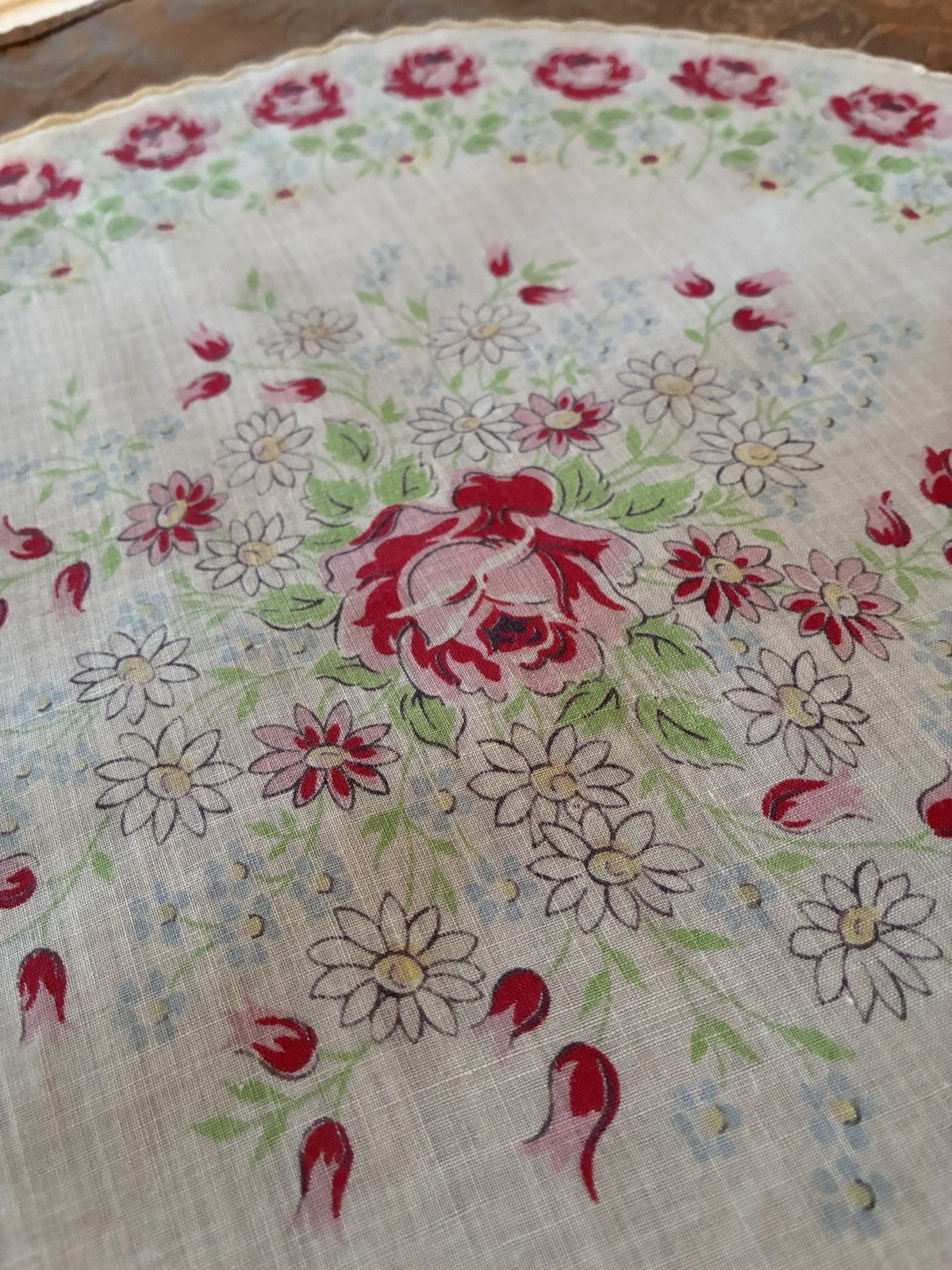 Rare 14.5 In Round Handkerchief Vintage Floral Print Roses Tulips Cottagecore