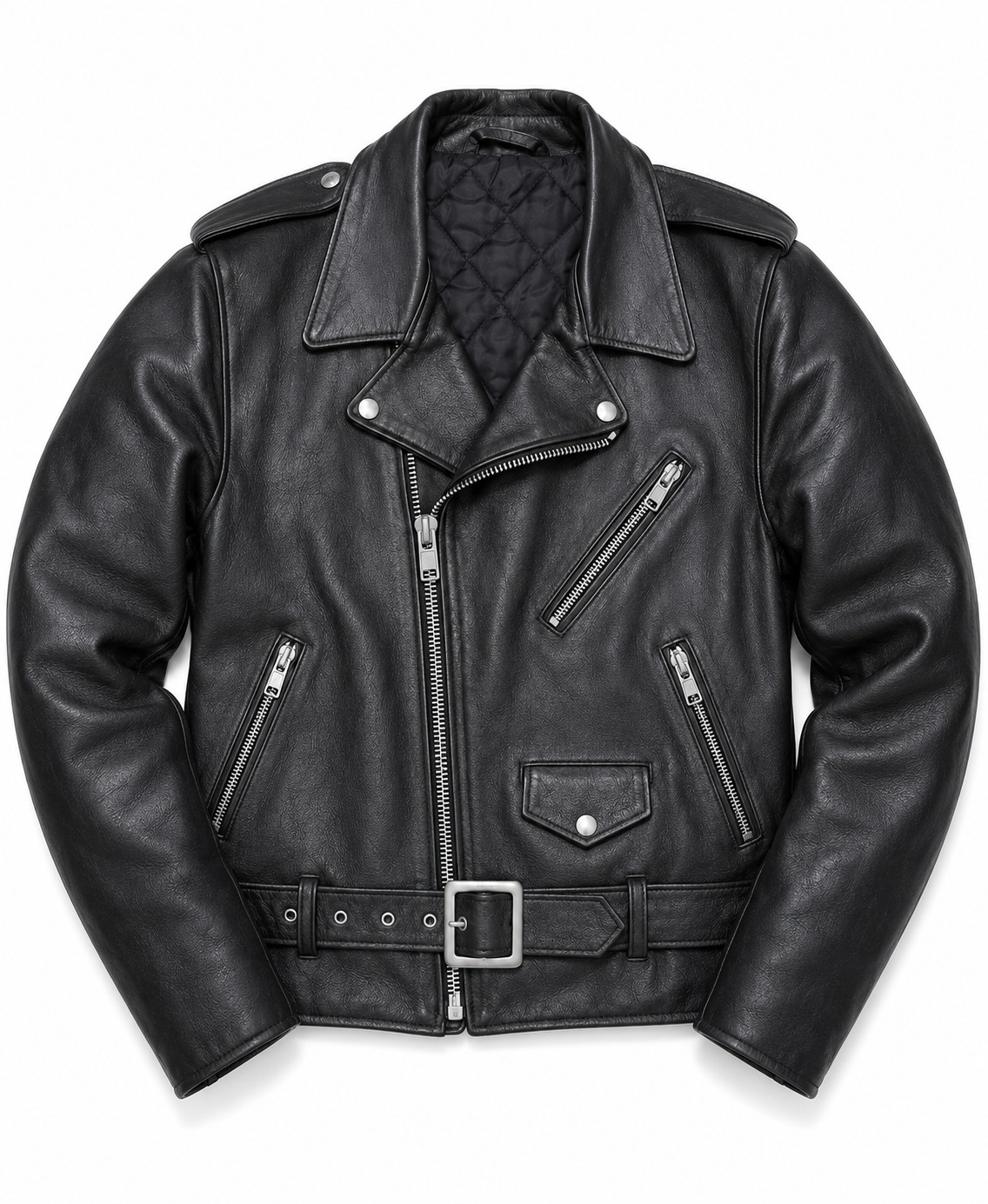 Men’s 42 Vintage Black Leather Jacket Belted Cafe Racer Motorcycle Biker Jacket