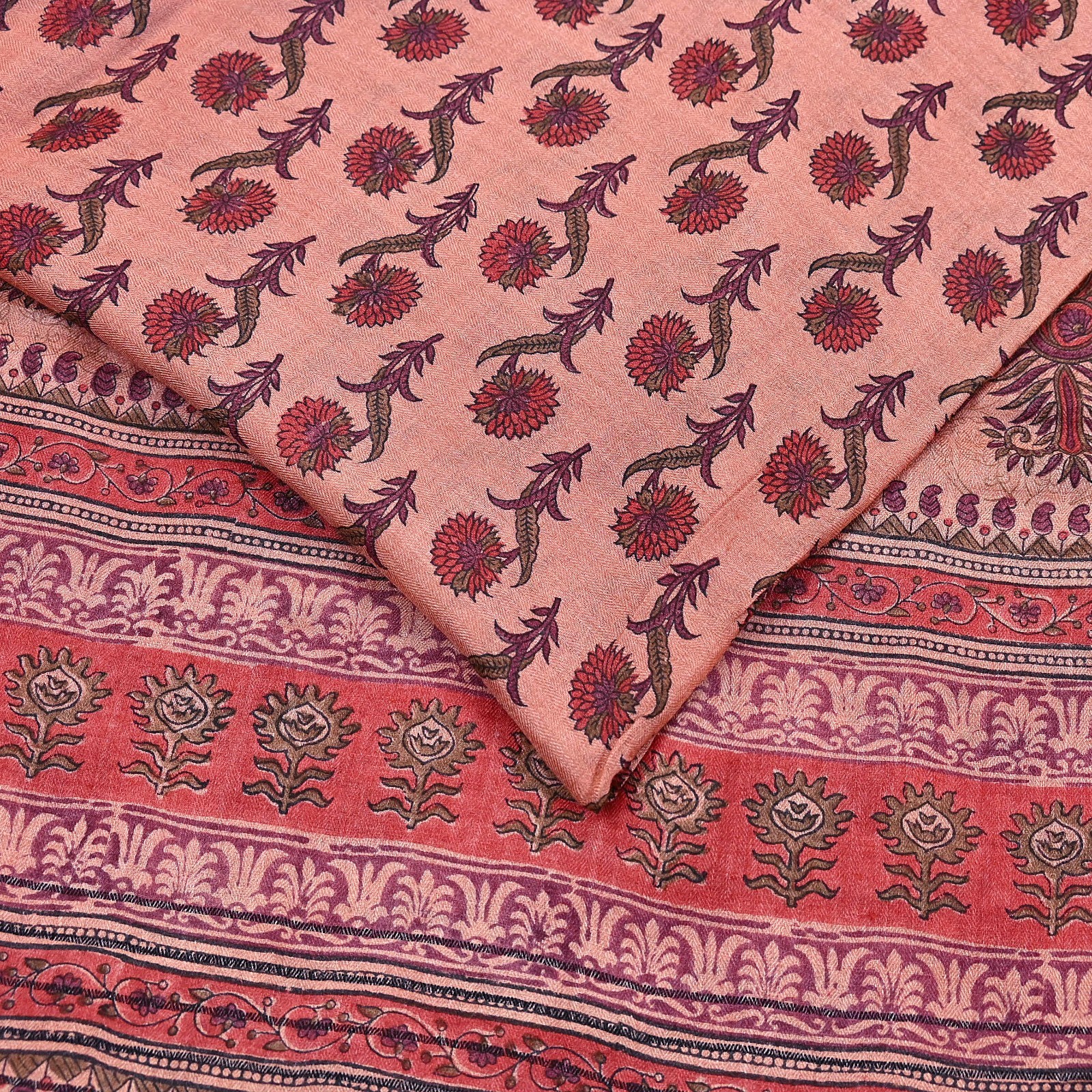 Vintage Peach Wool Saree Indian Pure Woolen Woven Floral Fabric 6Yard Soft Warm
