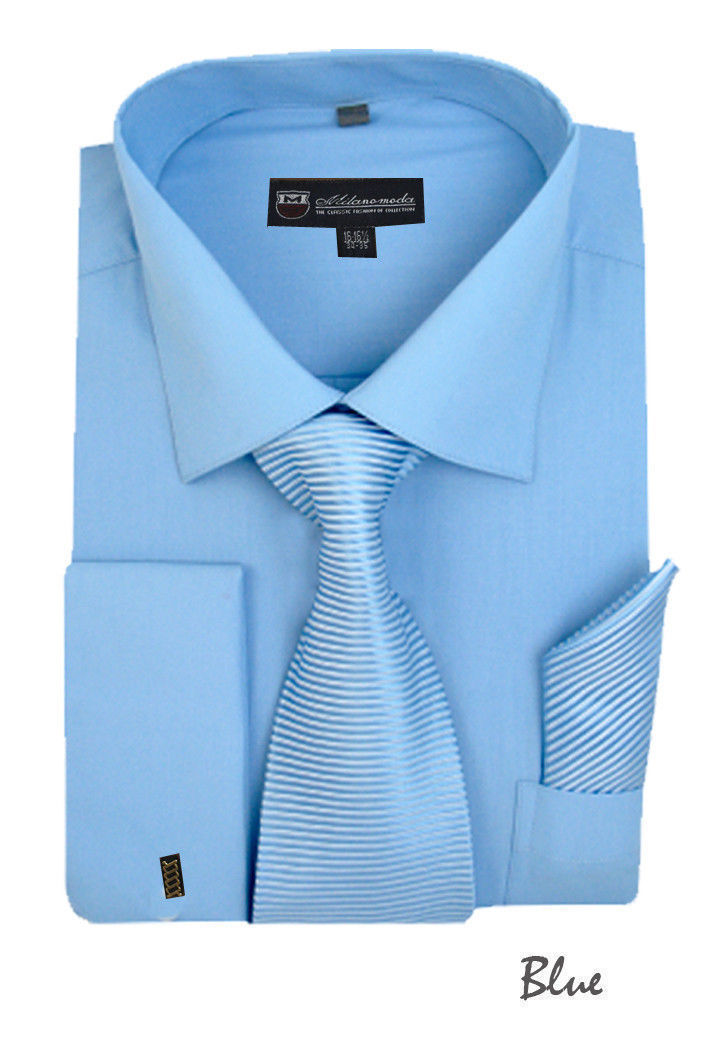 New Men’s French Cuff Dress Shirt + Tie + Handkerchief Set Spread Collar SG27