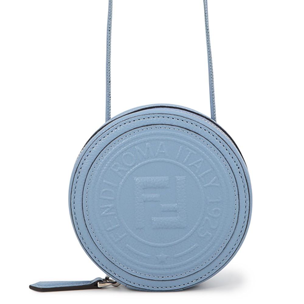 FENDI FF Logo Round Pouch Leather Light Blue 7M0359