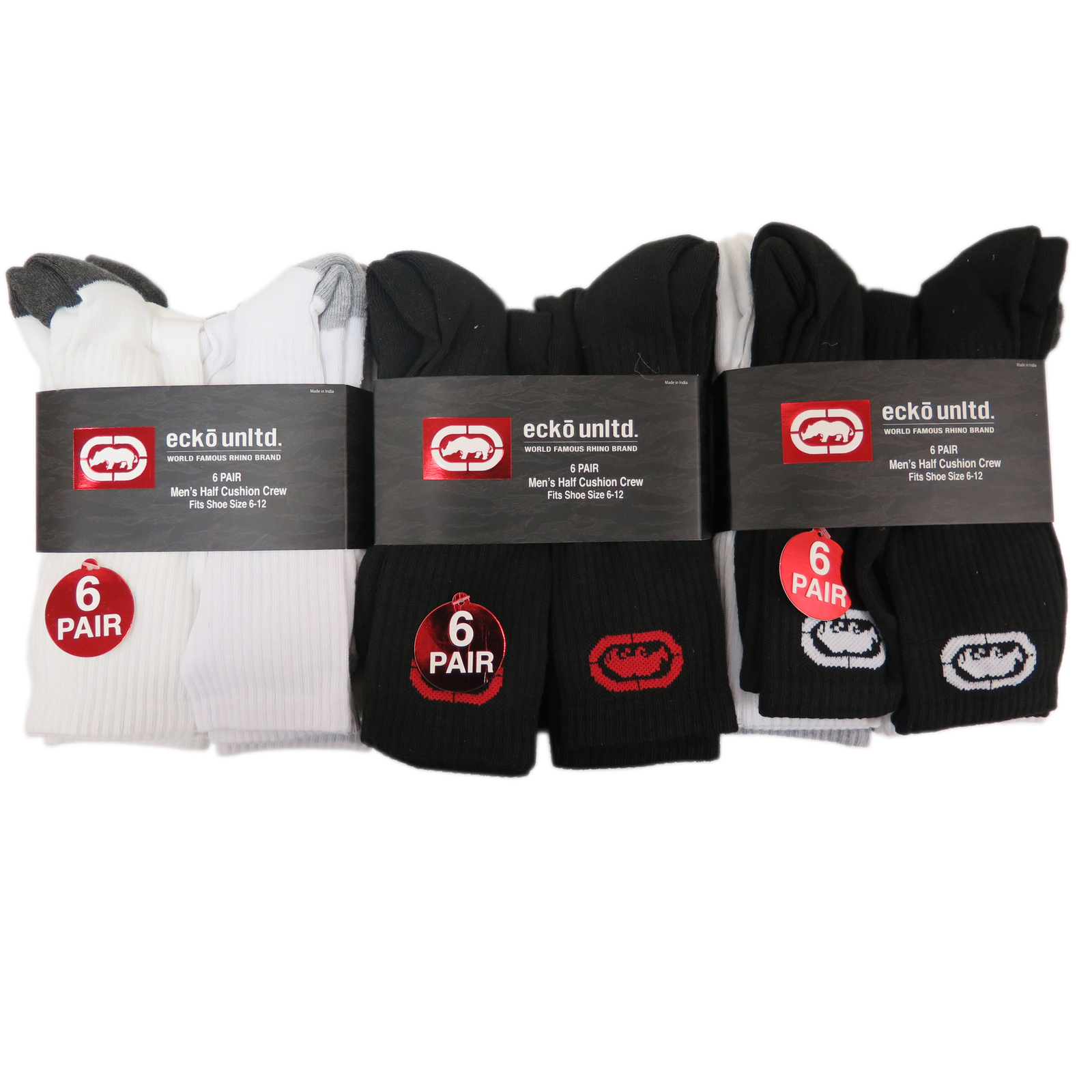 Ecko Unltd. Men’s Half Crew Cushion Athletic Socks White-Black-Gray 6-Packs New
