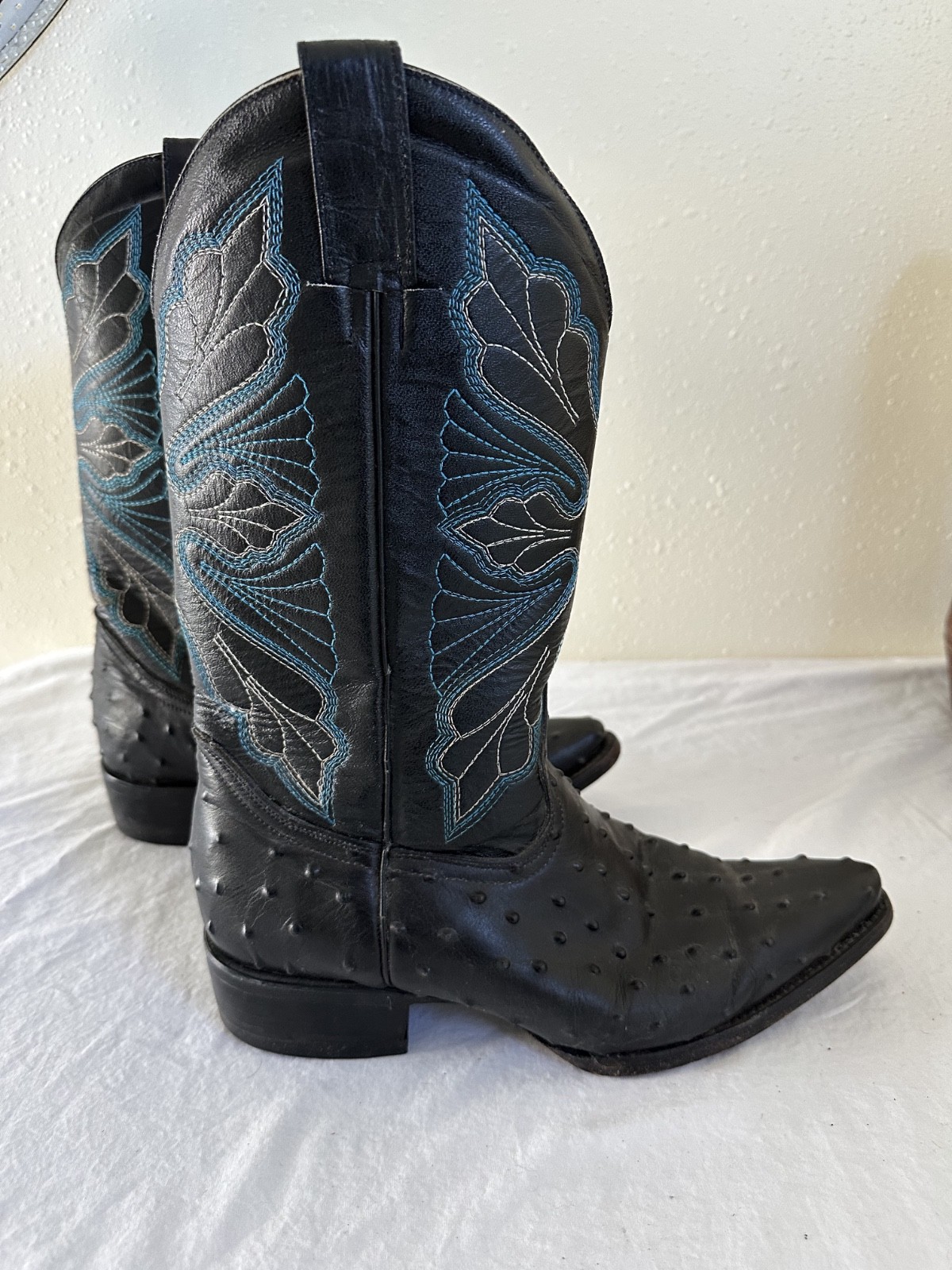 John Davis Cowboy Boots Black Ostrich Embossed Blue Butterfly Stitching W 9 M 7