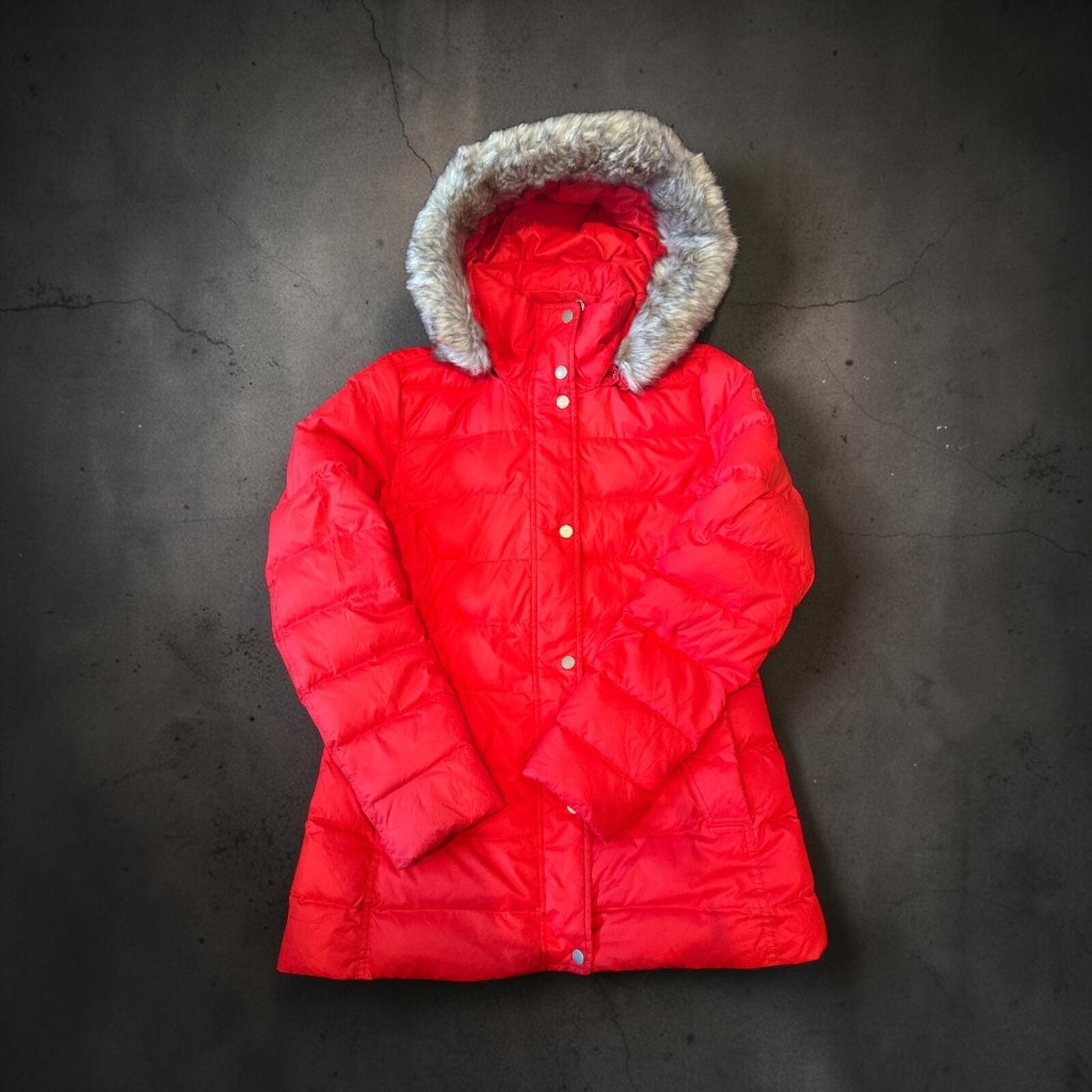Tommy Hilfiger Red Hooded Puffer Coat with Faux Fur Trim