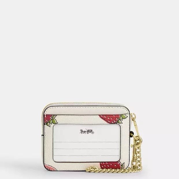 NWT Coach Zip Card Case With Strawberry Print Gold/Chalk Multi Car32