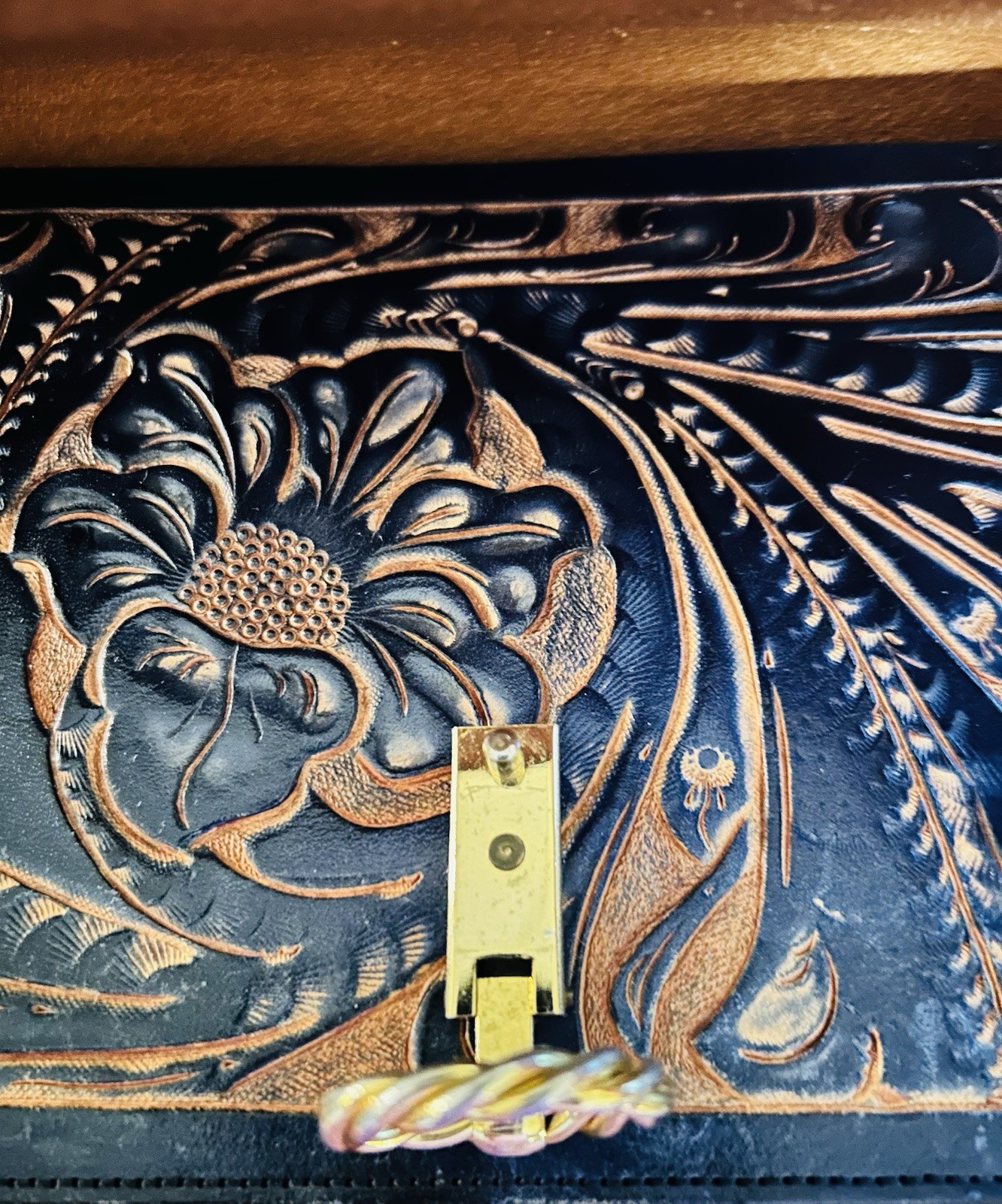 Navy Blue Hand Tooled Leather Purse Flowers Southwestern Bohemian Mautto Strap