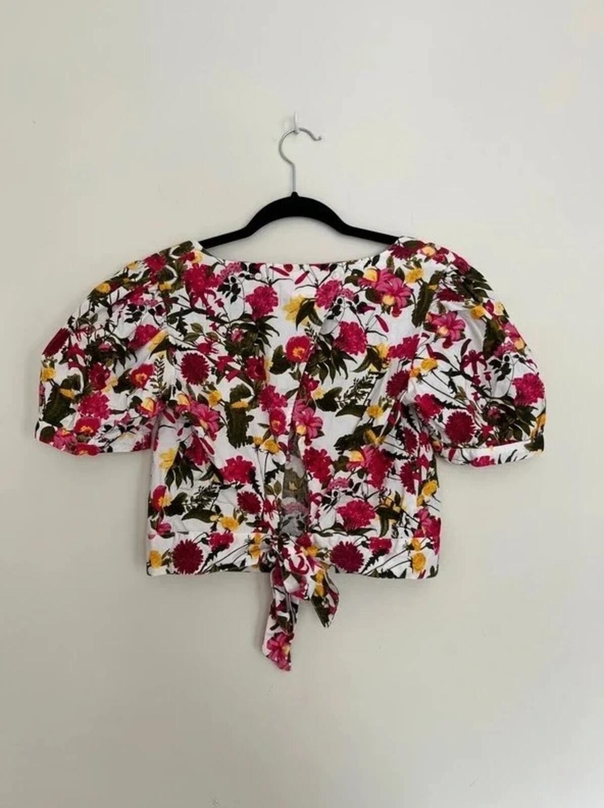 Primark floral puff sleeve cotton crop top with tie detail – size 8