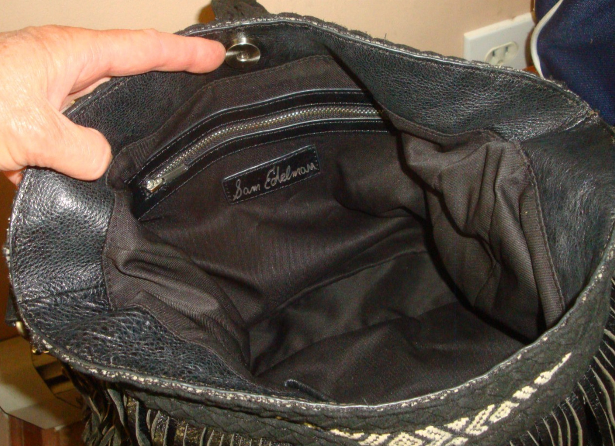 SAM EDELMAN Black Fringe Leather Large Hobo Handbag Boho Hippie Festival Biker