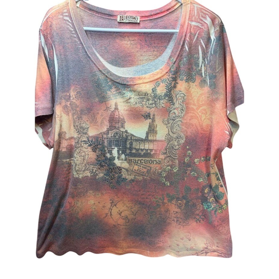 Blue Canyon Woman Barcelona Graphic T-Shirt Rhinestone Scoop Neck Plus Size 3X