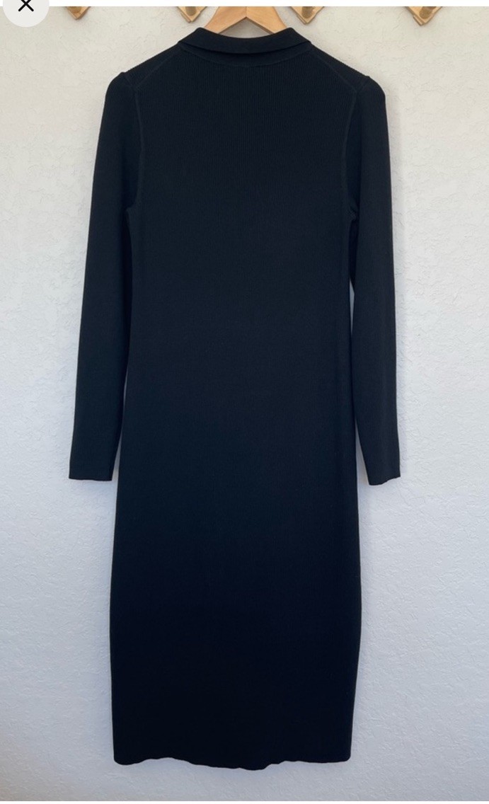 J.CREW Black Ribbed Knit Collared Button-Front Midi Shirt Dress Stretch M