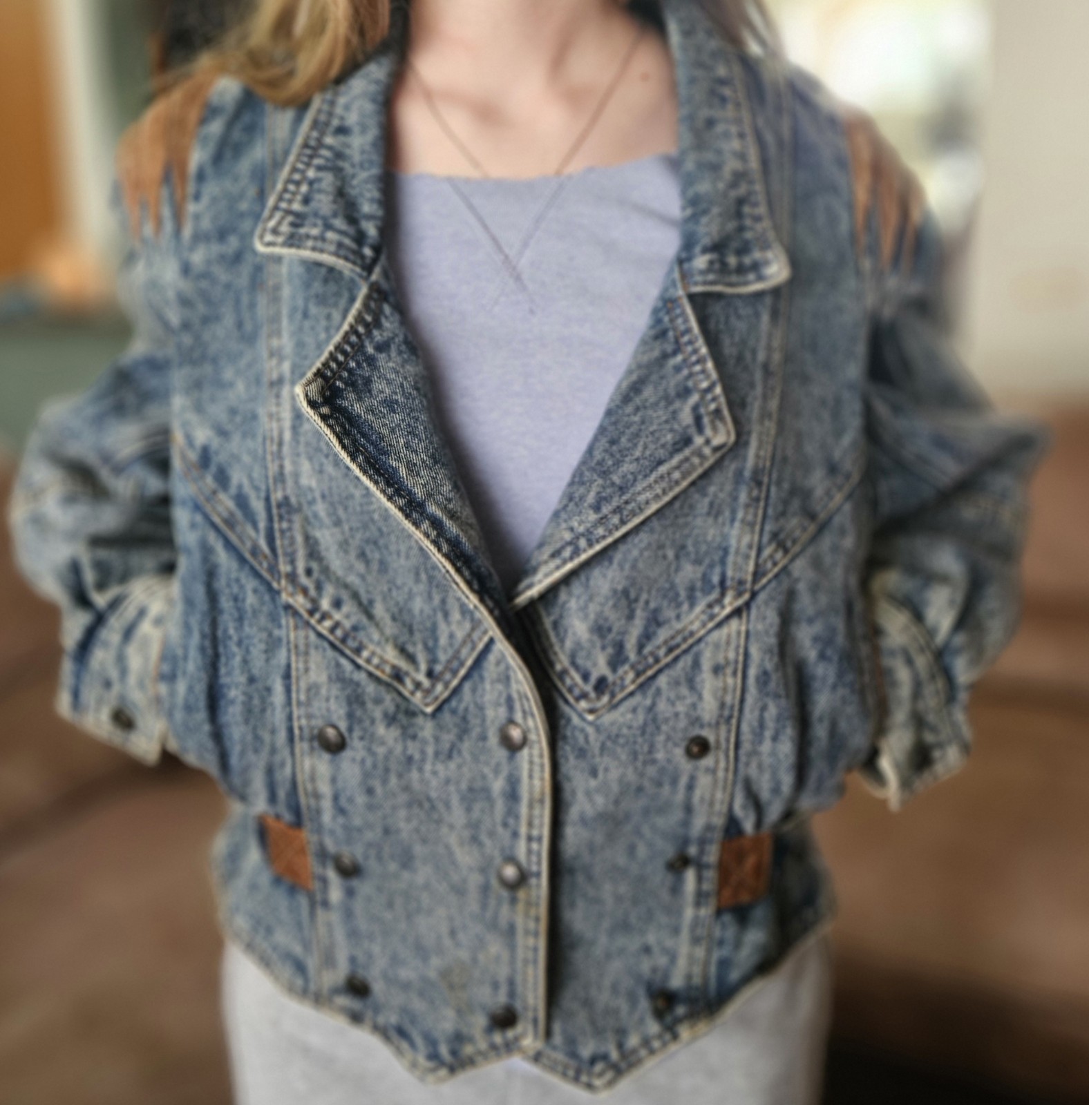 VINTAGE 1980’S Prezzia Denim Jacket W/ Leather Trim Size Medium