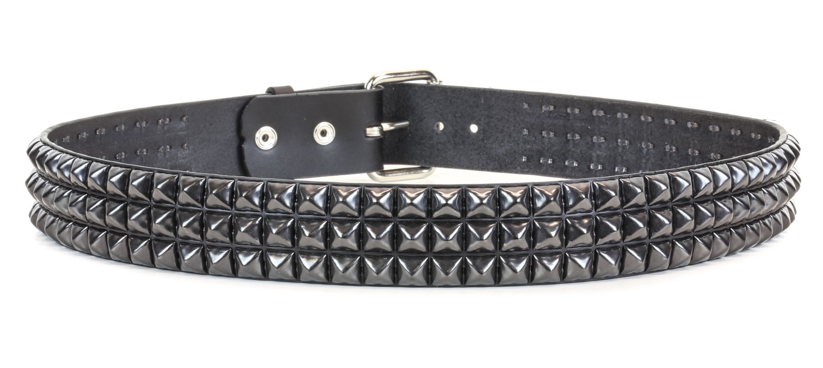 Black Pyramid Stud Belt Genuine Leather Three Row Rock Goth Sid Vicious Punk