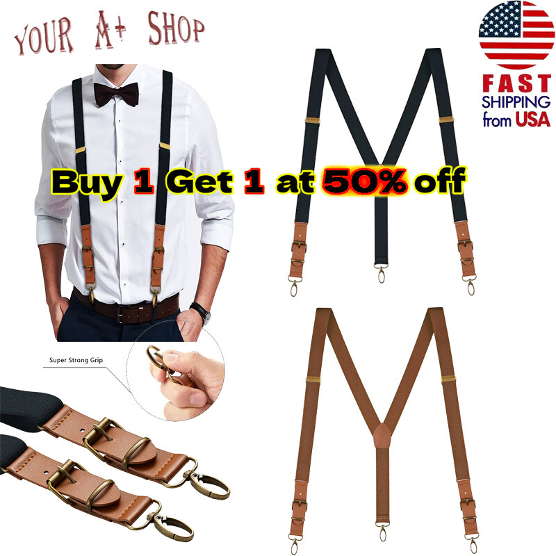 2PCS Men’s Suspenders Y Back Adjustable Leather Y-Shaped Hooks Pants Braces
