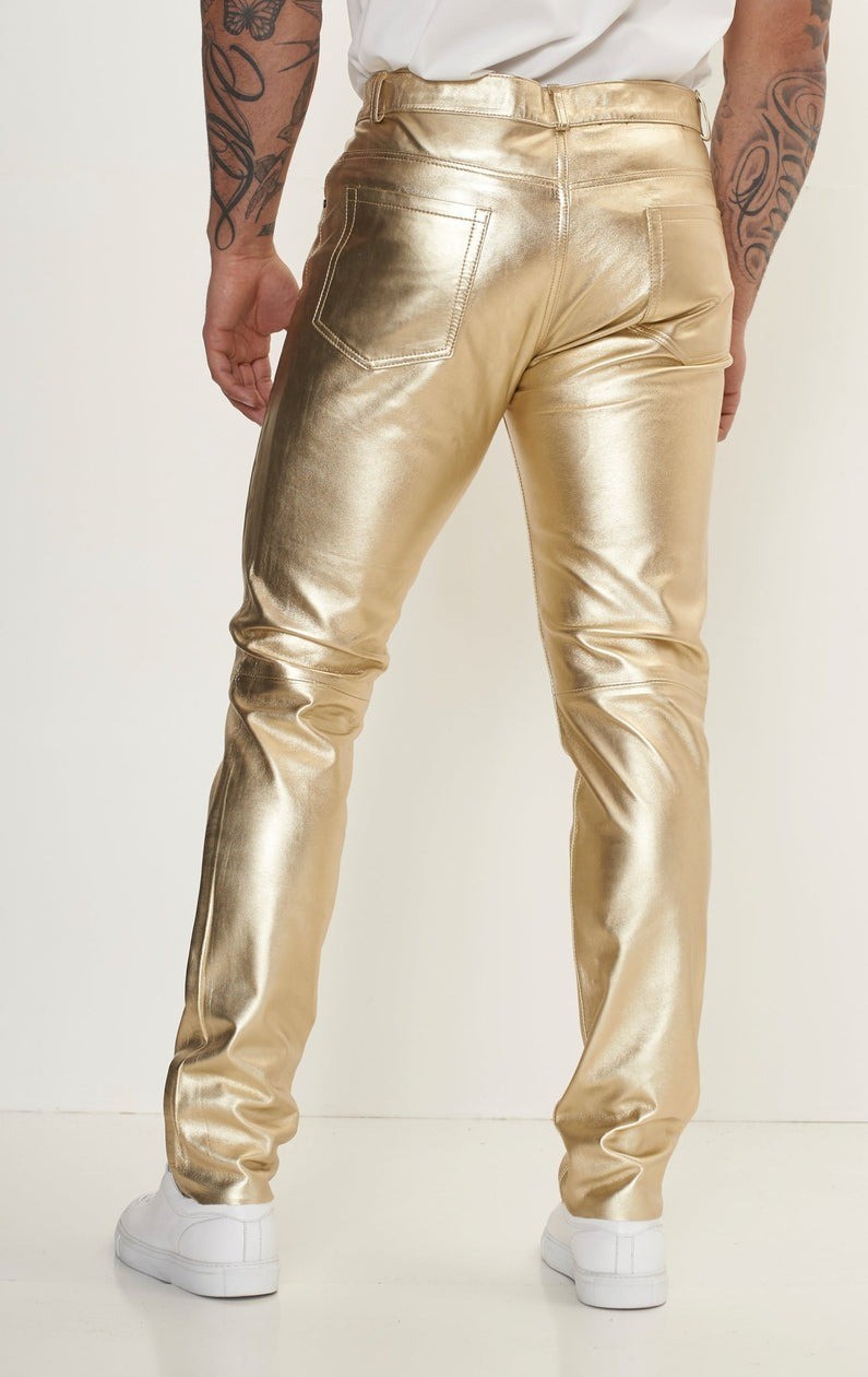 Leather Pants Men Pant Trousers Slim Biker Fit Men’s Jeans Style Real New Gold 9
