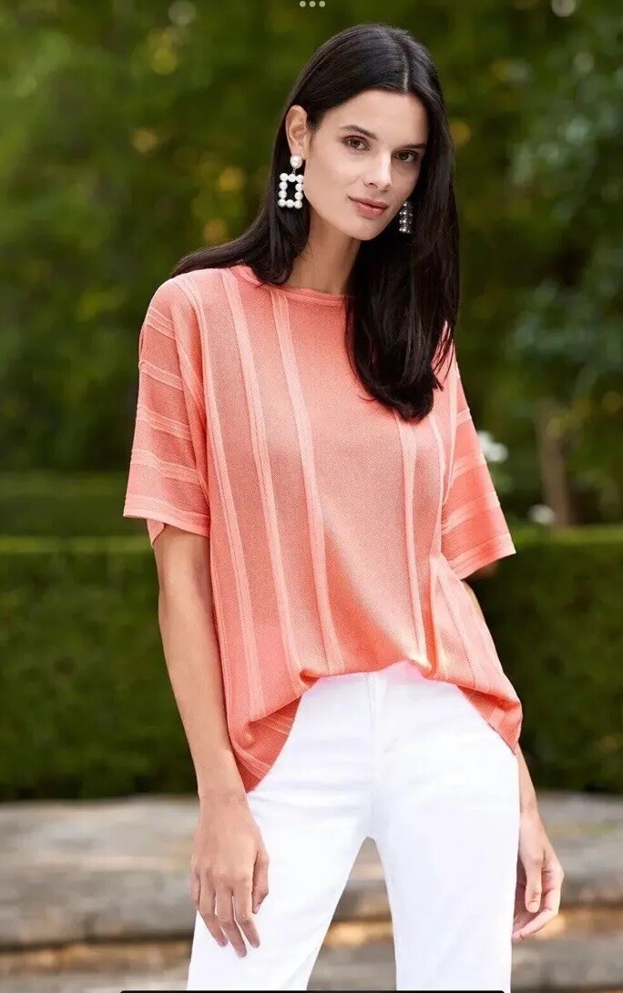 Ming Wang Dolman Sleeve Knit Tunic Top Sz S Orange Burst Tonal Stripes $175 NWT