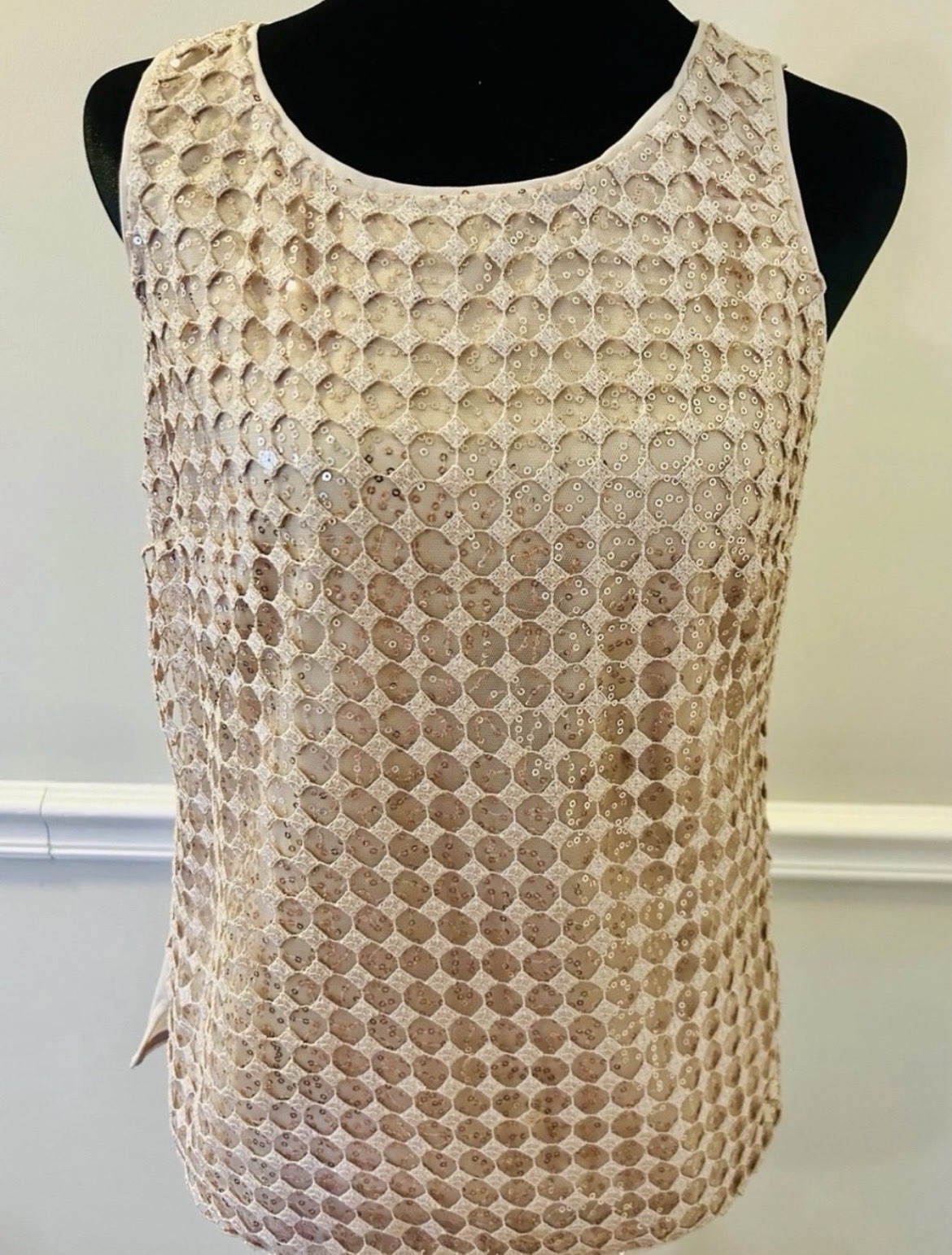 White House Black Market Women’s XS Beige Gold Sequin Mesh Zip Back Tank Top