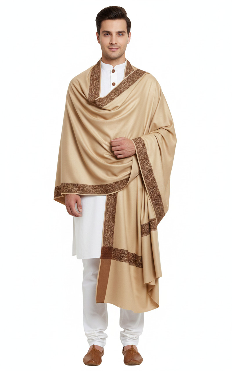 Men’s Poly-Wool Lohi Shawl: 4-Side Jacquard Border, 50×100 Inches