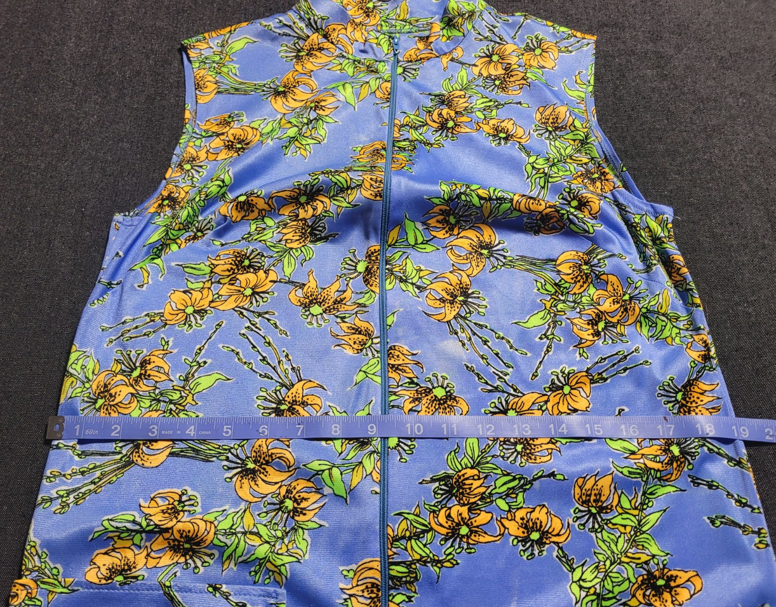 Vintage 60s 70s Blue Yellow Floral Maxi Leg Slits Sleeveless Size M Pocket Zip