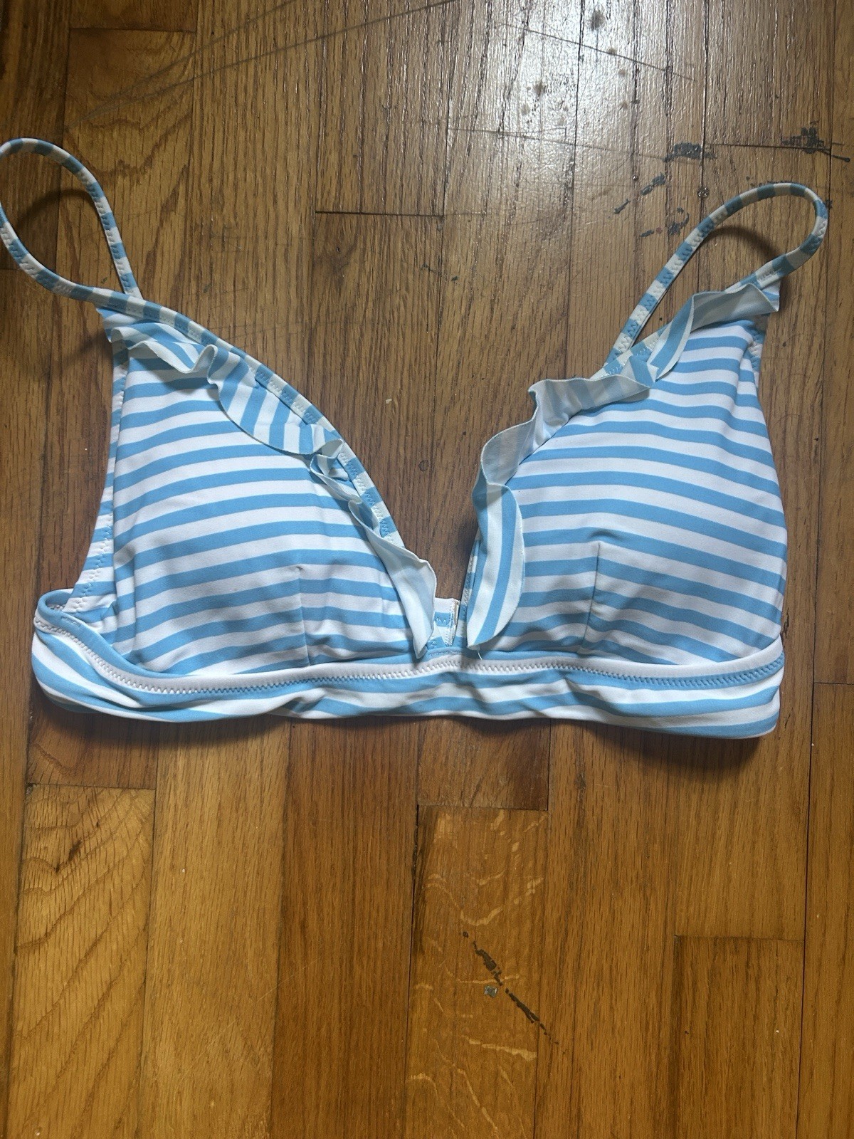 J.CREW Blue/White Striped Ruffle Triangle Bikini Top, Adjustable Straps M D