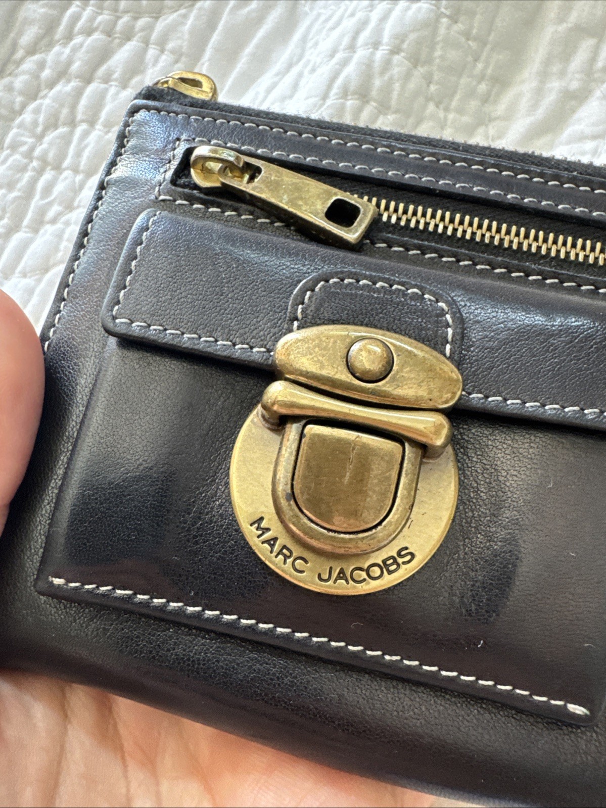 MARC JACOBS Black Leather Wallet Double Front Pockets Push Lock Top Zip Closure
