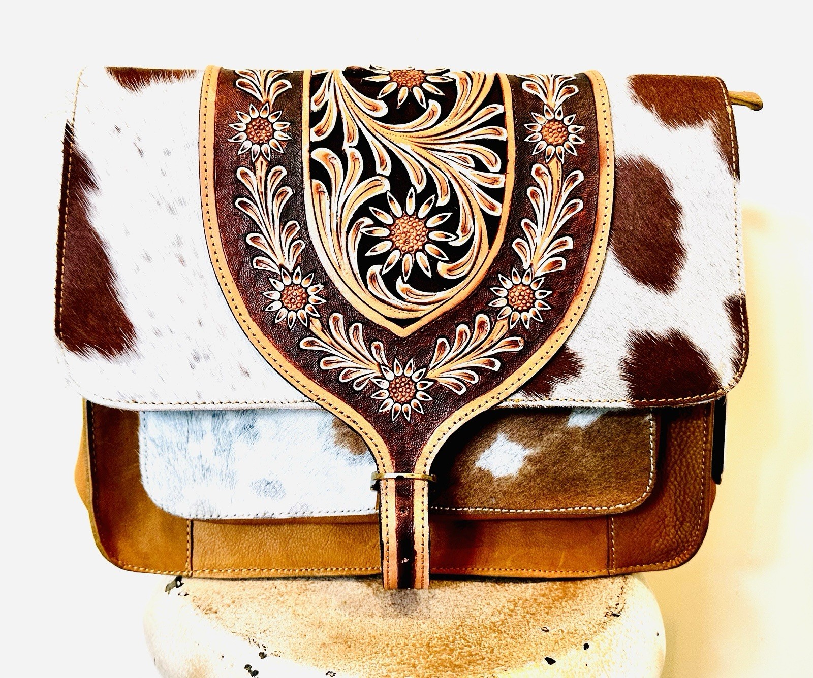 ADBGA375 American Darling Floral Tooled Leather & Cowhide Western Messenger Bag