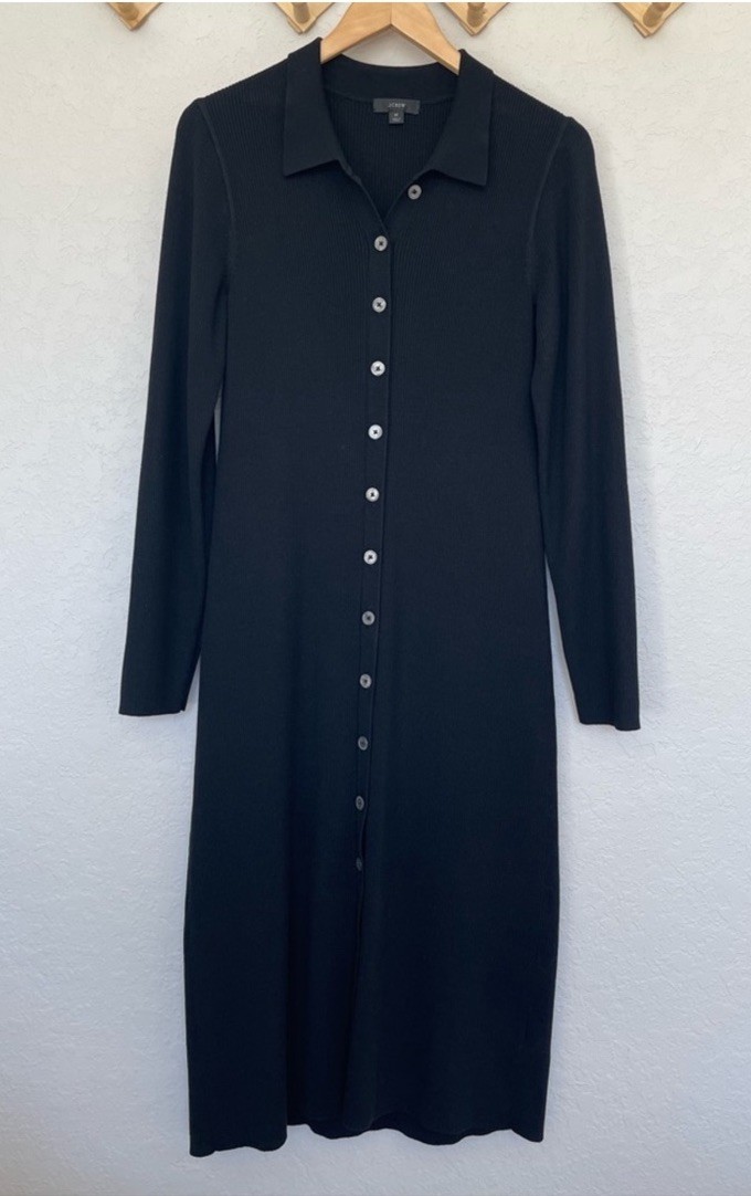 J.CREW Black Ribbed Knit Collared Button-Front Midi Shirt Dress Stretch M