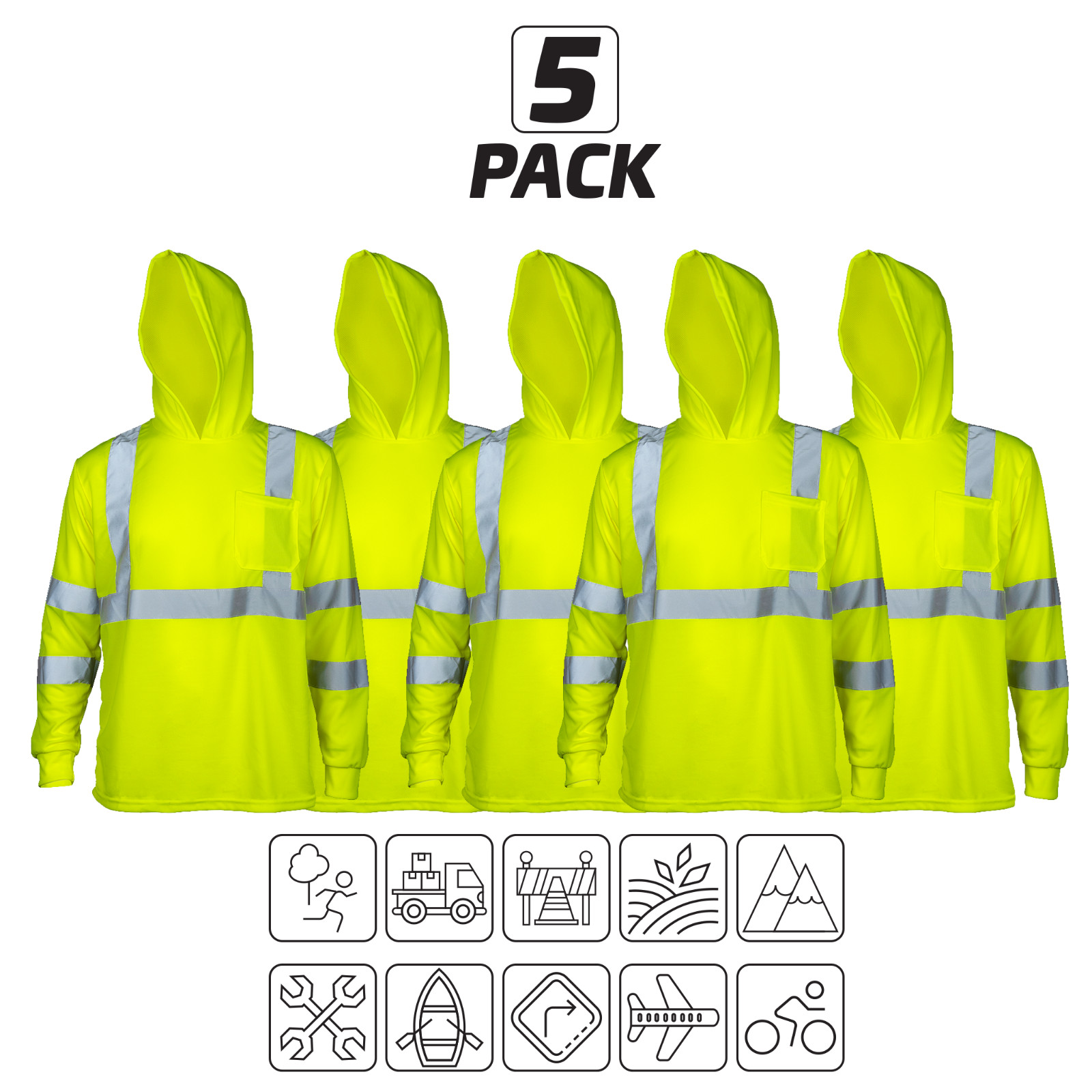 5 Hi Vis T Shirt hoodie ANSI Class 3 Type R Reflective Safety Long Sleeve