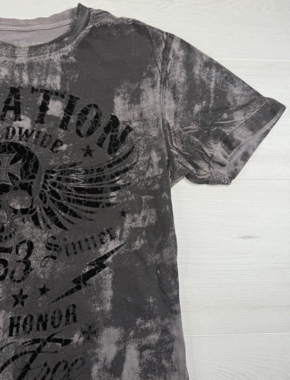 Archaic By Affliction Shirt Biker Tattoo Skull Wings Raised Felt Print Y2K Men M
