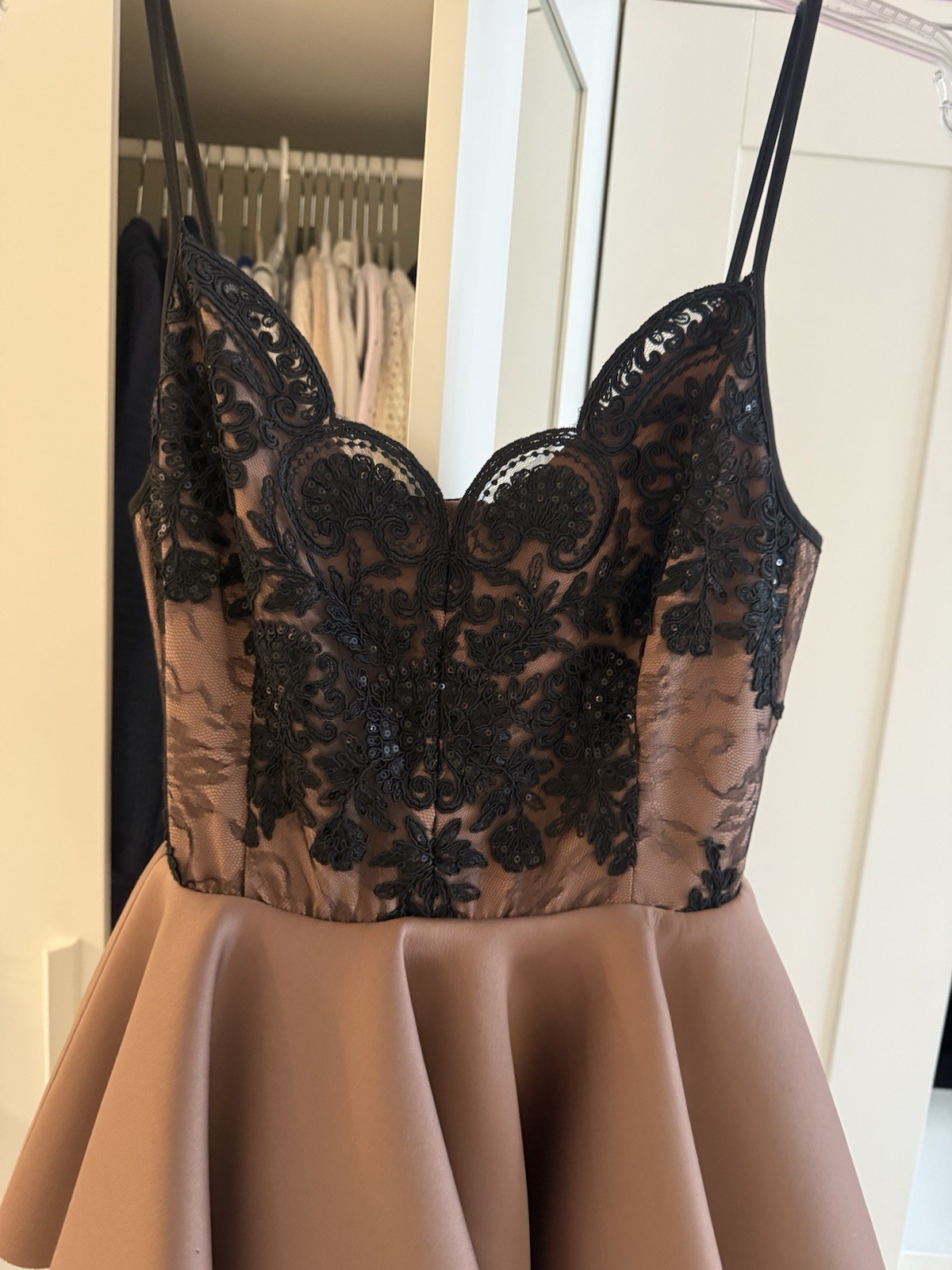 Women’s Lace Cocktail Party Dress Nude Beige Black Embroidered Mini Dress Size S