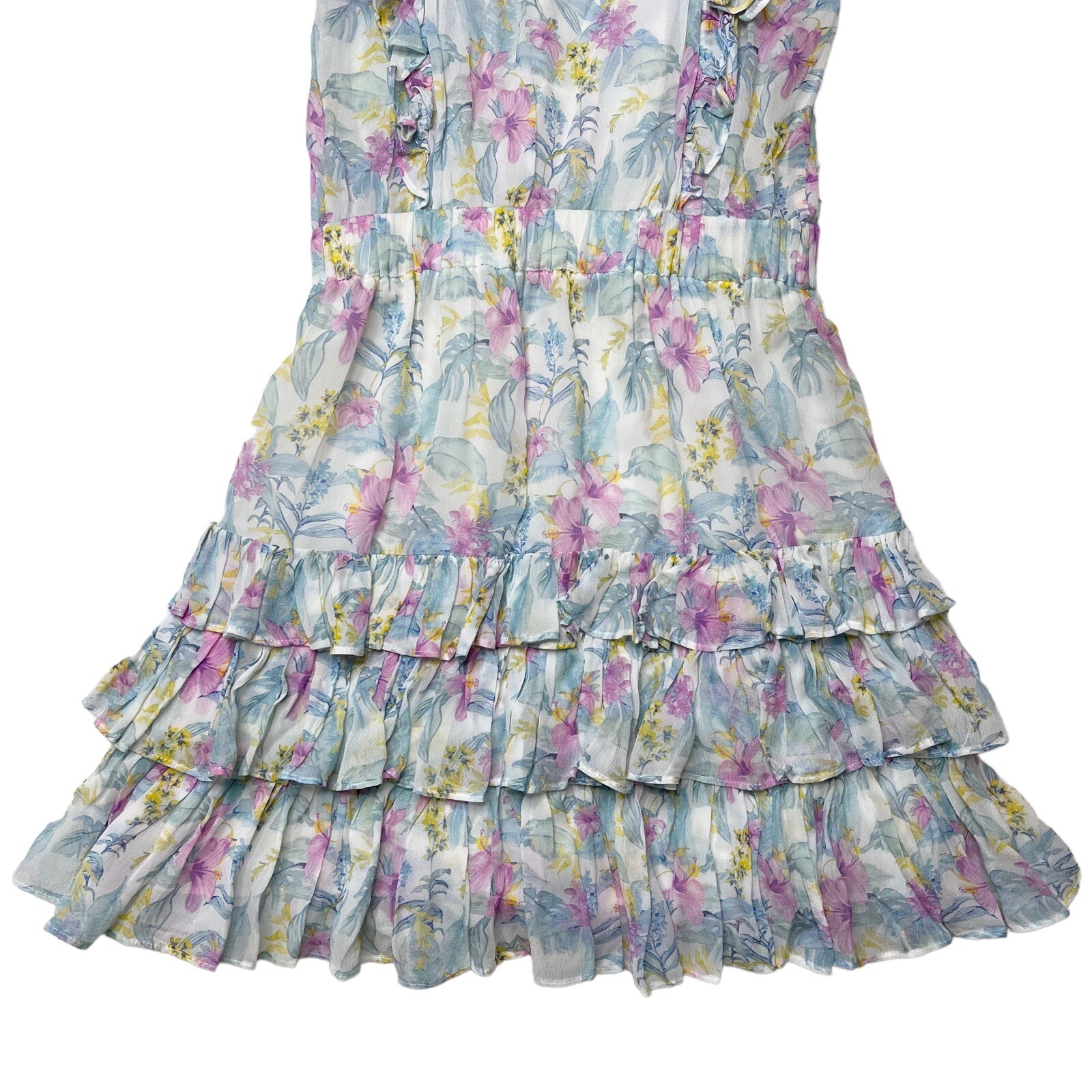 LOVESHACKFANCY Womens Dress Size XS Ivoire Floral Chiffon Mini white ruffle Blue
