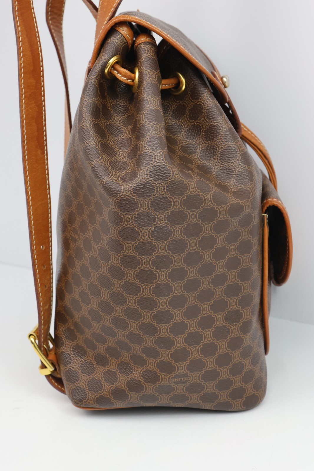 Authentic CELINE Macadam Canvas Backpack Brown PVC Leather Vintage Bag France